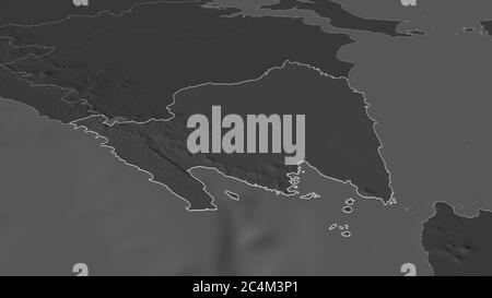 Zoom in on Lampung (province of Indonesia) outlined. Oblique perspective. Bilevel elevation map with surface waters. 3D rendering Stock Photo