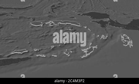 Zoom in on Maluku (province of Indonesia) extruded. Oblique perspective. Bilevel elevation map with surface waters. 3D rendering Stock Photo