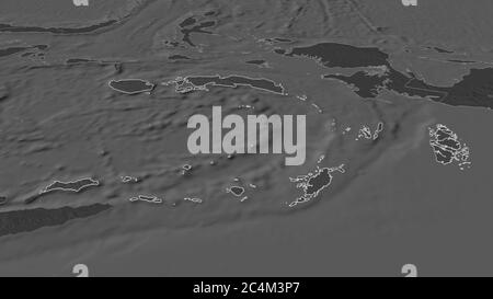 Zoom in on Maluku (province of Indonesia) outlined. Oblique perspective. Bilevel elevation map with surface waters. 3D rendering Stock Photo