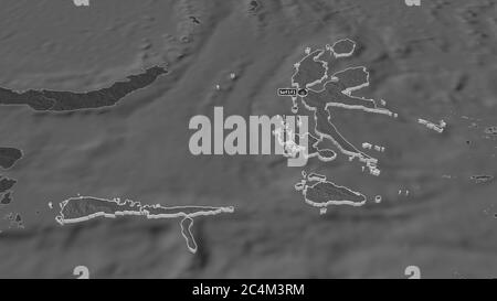 Zoom in on Maluku Utara (province of Indonesia) extruded. Oblique perspective. Bilevel elevation map with surface waters. 3D rendering Stock Photo