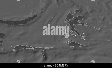 Zoom in on Maluku Utara (province of Indonesia) outlined. Oblique perspective. Bilevel elevation map with surface waters. 3D rendering Stock Photo