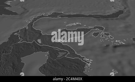 Zoom in on Sulawesi Tengah (province of Indonesia) outlined. Oblique perspective. Bilevel elevation map with surface waters. 3D rendering Stock Photo