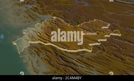 Zoom in on Kermanshah (province of Iran) extruded. Oblique perspective. Topographic relief map with surface waters. 3D rendering Stock Photo