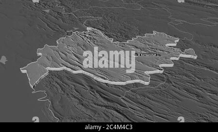 Zoom in on Kermanshah (province of Iran) extruded. Oblique perspective. Bilevel elevation map with surface waters. 3D rendering Stock Photo