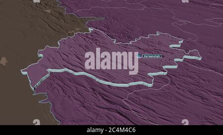 Zoom in on Kermanshah (province of Iran) extruded. Oblique perspective. Colored and bumped map of the administrative division with surface waters. 3D Stock Photo