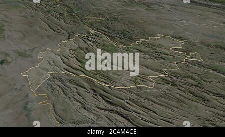 Zoom in on Kermanshah (province of Iran) outlined. Oblique perspective. Satellite imagery. 3D rendering Stock Photo