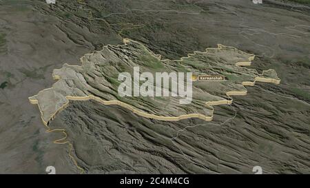 Zoom in on Kermanshah (province of Iran) extruded. Oblique perspective. Satellite imagery. 3D rendering Stock Photo