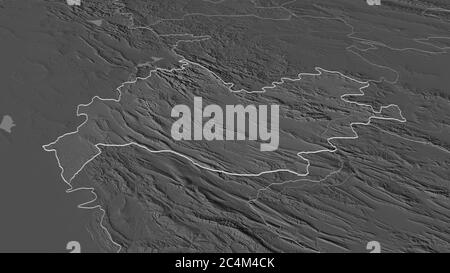 Zoom in on Kermanshah (province of Iran) outlined. Oblique perspective. Bilevel elevation map with surface waters. 3D rendering Stock Photo