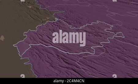 Zoom in on Kermanshah (province of Iran) outlined. Oblique perspective. Colored and bumped map of the administrative division with surface waters. 3D Stock Photo