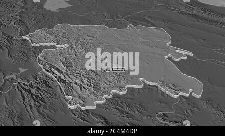 Zoom in on Kordestan (province of Iran) extruded. Oblique perspective. Bilevel elevation map with surface waters. 3D rendering Stock Photo