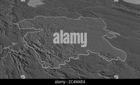 Zoom in on Kordestan (province of Iran) outlined. Oblique perspective. Bilevel elevation map with surface waters. 3D rendering Stock Photo