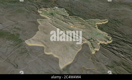 Zoom in on As-Sulaymaniyah (province of Iraq) extruded. Oblique perspective. Satellite imagery. 3D rendering Stock Photo