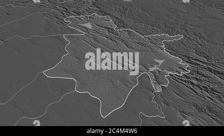 Zoom in on As-Sulaymaniyah (province of Iraq) outlined. Oblique perspective. Bilevel elevation map with surface waters. 3D rendering Stock Photo