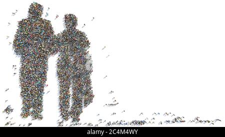 Groups of People Forming the Silhouette of a Senior Couple Walking Arm in Arm Stock Photo