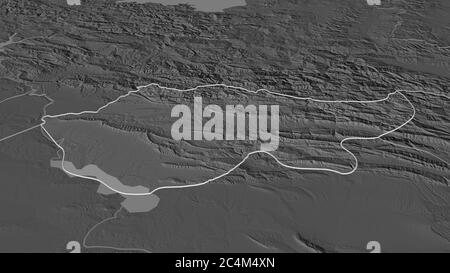 Zoom in on Dihok (province of Iraq) outlined. Oblique perspective. Bilevel elevation map with surface waters. 3D rendering Stock Photo