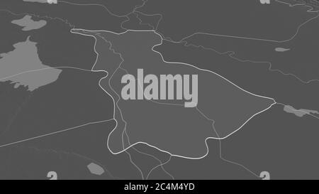 Zoom in on Babil (province of Iraq) outlined. Oblique perspective. Bilevel elevation map with surface waters. 3D rendering Stock Photo