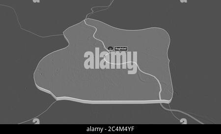 Zoom in on Baghdad (province of Iraq) extruded. Oblique perspective. Bilevel elevation map with surface waters. 3D rendering Stock Photo