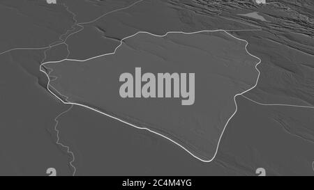 Zoom in on At-Ta'mim (province of Iraq) outlined. Oblique perspective. Bilevel elevation map with surface waters. 3D rendering Stock Photo