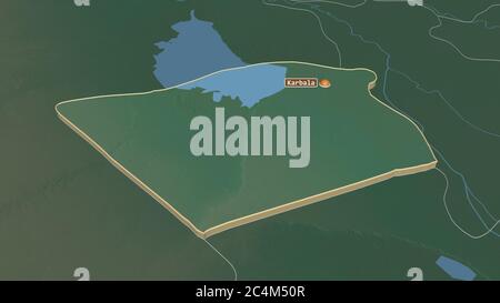 Zoom in on Karbala' (province of Iraq) extruded. Oblique perspective. Topographic relief map with surface waters. 3D rendering Stock Photo