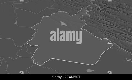 Zoom in on Diyala (province of Iraq) outlined. Oblique perspective. Bilevel elevation map with surface waters. 3D rendering Stock Photo