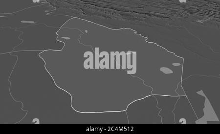 Zoom in on Maysan (province of Iraq) outlined. Oblique perspective. Bilevel elevation map with surface waters. 3D rendering Stock Photo