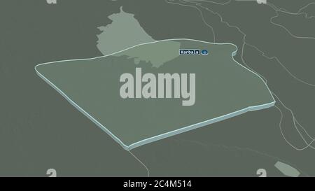 Zoom in on Karbala' (province of Iraq) extruded. Oblique perspective. Colored and bumped map of the administrative division with surface waters. 3D re Stock Photo