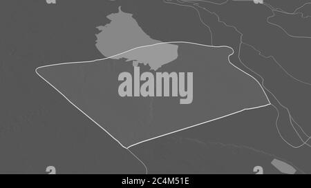 Zoom in on Karbala' (province of Iraq) outlined. Oblique perspective. Bilevel elevation map with surface waters. 3D rendering Stock Photo