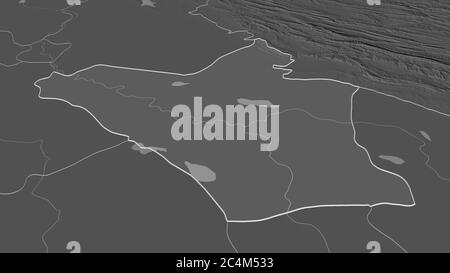 Zoom in on Wasit (province of Iraq) outlined. Oblique perspective. Bilevel elevation map with surface waters. 3D rendering Stock Photo