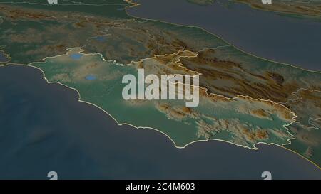 Zoom in on Lazio (region of Italy) outlined. Oblique perspective. Topographic relief map with surface waters. 3D rendering Stock Photo