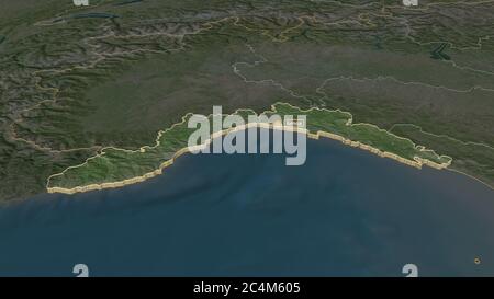 Zoom in on Liguria (region of Italy) extruded. Oblique perspective. Satellite imagery. 3D rendering Stock Photo