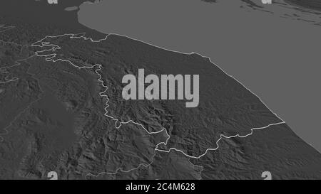 Zoom in on Marche (region of Italy) outlined. Oblique perspective. Bilevel elevation map with surface waters. 3D rendering Stock Photo