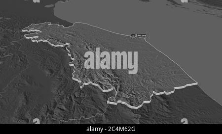 Zoom in on Marche (region of Italy) extruded. Oblique perspective. Bilevel elevation map with surface waters. 3D rendering Stock Photo