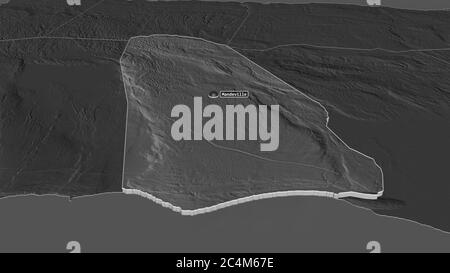 Zoom in on Manchester (parish of Jamaica) extruded. Oblique perspective. Bilevel elevation map with surface waters. 3D rendering Stock Photo