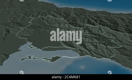 Zoom in on Saint Andrew (parish of Jamaica) outlined. Oblique perspective. Colored and bumped map of the administrative division with surface waters. Stock Photo