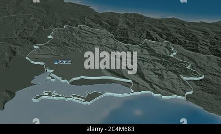 Zoom in on Saint Andrew (parish of Jamaica) extruded. Oblique perspective. Colored and bumped map of the administrative division with surface waters. Stock Photo