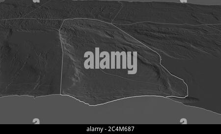 Zoom in on Manchester (parish of Jamaica) outlined. Oblique perspective. Bilevel elevation map with surface waters. 3D rendering Stock Photo