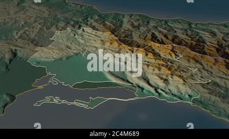 Zoom in on Saint Andrew (parish of Jamaica) outlined. Oblique perspective. Topographic relief map with surface waters. 3D rendering Stock Photo