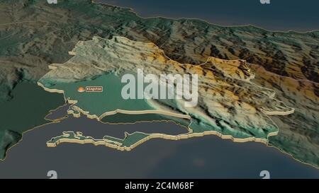 Zoom in on Saint Andrew (parish of Jamaica) extruded. Oblique perspective. Topographic relief map with surface waters. 3D rendering Stock Photo