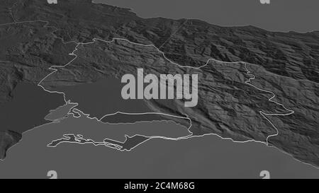 Zoom in on Saint Andrew (parish of Jamaica) outlined. Oblique perspective. Bilevel elevation map with surface waters. 3D rendering Stock Photo