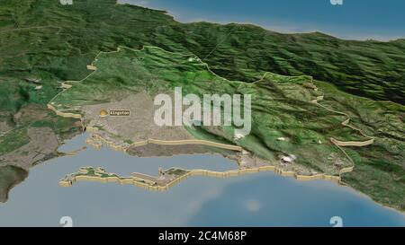 Zoom in on Saint Andrew (parish of Jamaica) extruded. Oblique perspective. Satellite imagery. 3D rendering Stock Photo