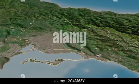 Zoom in on Saint Andrew (parish of Jamaica) outlined. Oblique perspective. Satellite imagery. 3D rendering Stock Photo