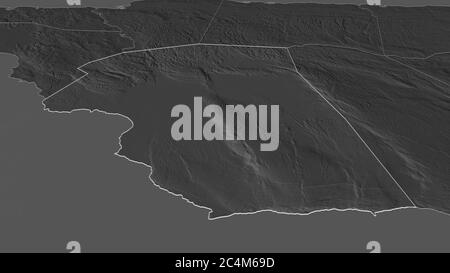 Zoom in on Saint Elizabeth (parish of Jamaica) outlined. Oblique perspective. Bilevel elevation map with surface waters. 3D rendering Stock Photo