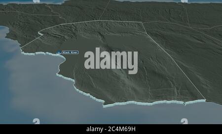 Zoom in on Saint Elizabeth (parish of Jamaica) extruded. Oblique perspective. Colored and bumped map of the administrative division with surface water Stock Photo