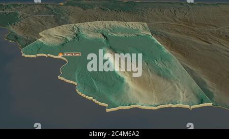 Zoom in on Saint Elizabeth (parish of Jamaica) extruded. Oblique perspective. Topographic relief map with surface waters. 3D rendering Stock Photo