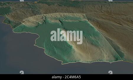 Zoom in on Saint Elizabeth (parish of Jamaica) outlined. Oblique perspective. Topographic relief map with surface waters. 3D rendering Stock Photo