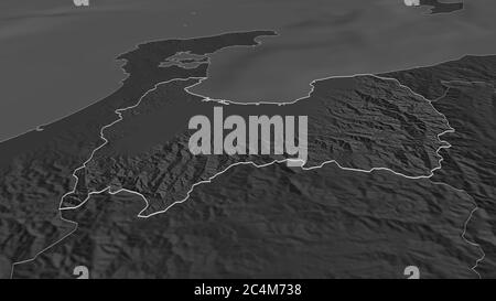 Zoom in on Toyama (prefecture of Japan) outlined. Oblique perspective. Bilevel elevation map with surface waters. 3D rendering Stock Photo