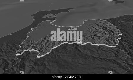 Zoom in on Toyama (prefecture of Japan) extruded. Oblique perspective. Bilevel elevation map with surface waters. 3D rendering Stock Photo