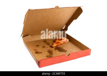 an empty box of take away pizza with one slice left isolated on white Stock Photo