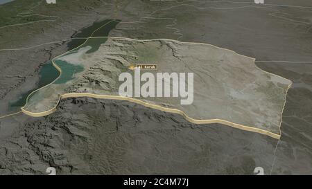 Zoom in on Karak (province of Jordan) extruded. Oblique perspective. Satellite imagery. 3D rendering Stock Photo