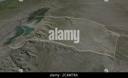 Zoom in on Karak (province of Jordan) outlined. Oblique perspective. Satellite imagery. 3D rendering Stock Photo